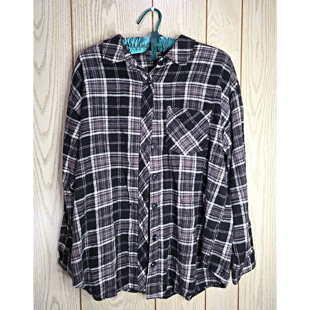 Maurices Womens Plus 0X Black White Checked Flannel Blouse Boyfriend Grunge